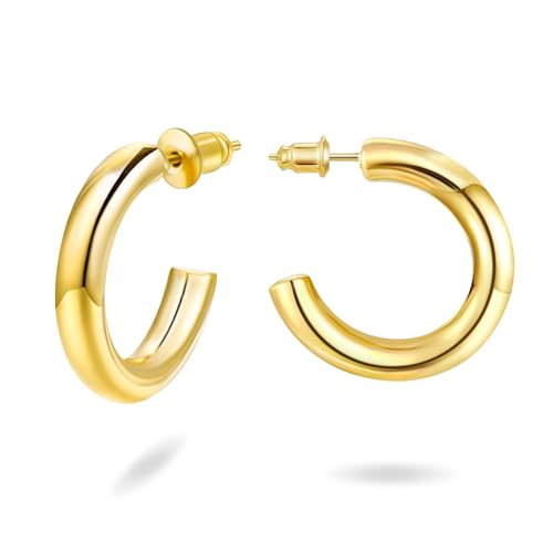 Gold Chunky Stud Earrings for Women and Men, 14K Yellow Gold Plated Lightweight Huggie Earrings with Sterling Silver Ear Pin (Chunky Hoop Earrings-20mm)