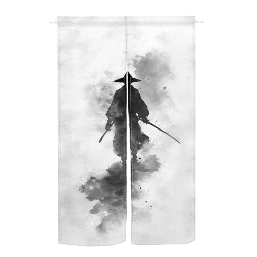Qinunipoto 暖簾 武士 侍 和風 水墨風 シンプル風 幅85cm丈150cm インテリア 出入り口 目隠し おしゃれ すだれ 遮光 部屋 間仕切りカーテン 門カーテン ポリエステル製 オーダー可 簡単取付 四季兼用