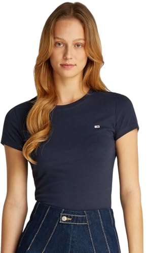 Tommy Jeans T-Shirt Manches Courtes Femme Slim Col Ras-du-Cou, Bleu (Dark Night Navy), L