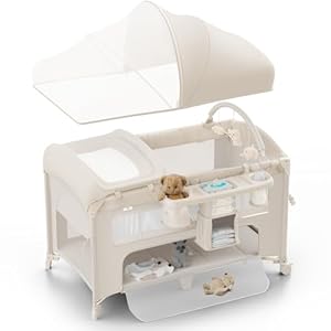4 in 1 Baby Bassinet, Pack and Play, Bedside Crib Sleeper, Diaper Changer – Comes with Mattress, Mosquito Net, Bottom Storage and Toy Bar for Newborn to Toddles