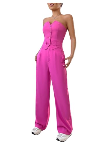 WDIRARA Women's Two Piece Bandeau Sleeveless Crop Tube Tops and High Waist Pants Clothing Set Hot Pink Small