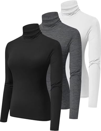 Hoplynn H-205201-BLACKGREYWHITE-L 3 Pack Turtlenecks Women Long Sleeve Pullover Baselayer Undershirts Sweater Tops Mock Turtle Neck Shirts Black Grey White Large cover