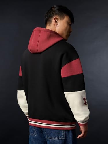 Image of The Souled Store G.O.A.T Men and Boys Full Sleeves Hooded Neck Black Embroidered Cotton Blend Oversized Fit Premium Fleece Zipper Hoodie