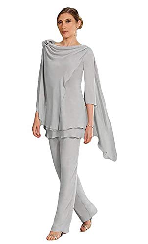Women's Silver 3 Pieces Elegant Chiffon Outfit Pant Suits Mother of The Bride Pant Suits US16W