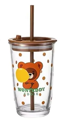 KiKiluxxa Glass Sipper with Lid and Straw Tumbler with Straw, 400 ml-Set of 1 - Cartoon Print, Fruit Juice Milk Glass Cup with Straw -Random Design (CR Pizaatx 1)