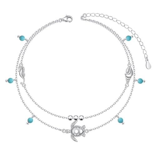 Image of Flyow Anklet for Women S925 Sterling Silver Adjustable Foot Beaded Heart Charm Ankle Bracelet Anklets Jewelry