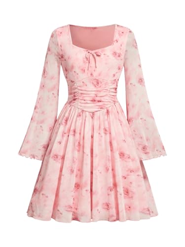 Verdusa Girl's Floral Mesh Boho Dresses Long Sleeve Ruched A Line Flowy Dress Spring Fall Clothes