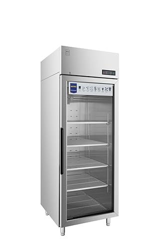 METRO Professional Frigorífico con Puerta de Cristal GRE2700G, 450L, Nevera Vertical con Cerradura, 73x80.5x209cm, 5 Estantes, Plata