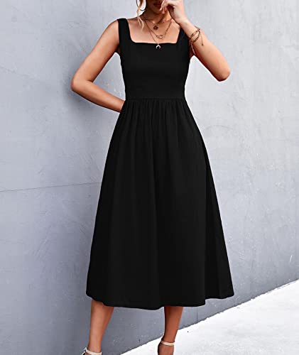 Image of xxxiticat Women's Square Collar Casual Dress Sleeveless Pleated A-Line Summer Beach Boho Elegant Backless Midi Dress