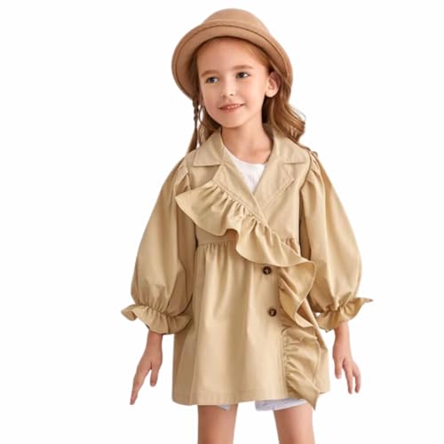 Girls' Ruffle-Trim Trench Coat – Elegant Lightweight Jacket with Puff Sleeves