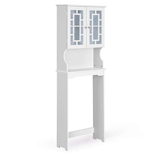 COSTWAY Etagère de Salle de Bain, Meuble Dessus Toilette WC/Machine à Laver, avec Armoire à 2 Etagères avec 2 Portes et Etagère Ouverte, Meuble Salle de Bain Armoire de WC (Blanc)