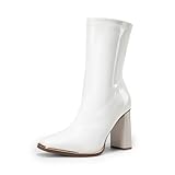 DREAM PAIRS Women's Square Toe Gogo Boots Elastic Ankle Boots High Chunky Block Heel Mid Calf Boots,Size 9,White-Pat,SDMB2206W