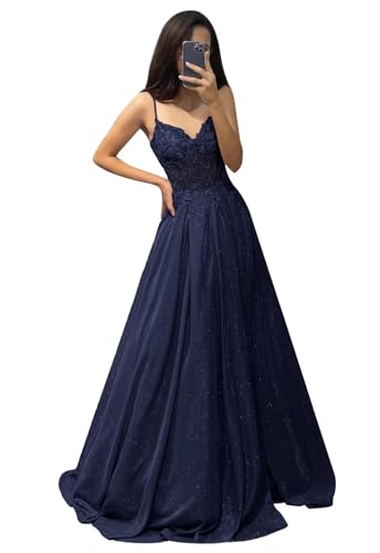 Fair Lady Sparkly Sequin Prom Dress for Women Lace Appliques Spaghetti Straps V Neck Formal Evening Party Gown with Slit - Main Image