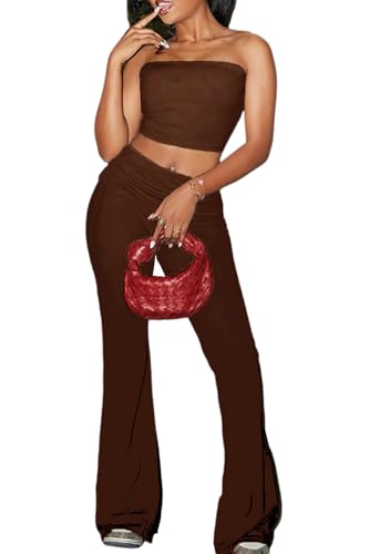 Image of Sexy Women's 2 Piece Lounge Sets Pajama Outfits Casual yoga Crop tube Top High Waist Wide Leg Foldover Flare Pants
