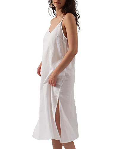 Image of Amazhiyu Women's Pure Linen Summer Midi Split Slip Dress | V Neck, Spaghetti Strap, with Pockets