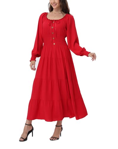 Image of OSTOO Women's 2026 Casual Long Sleeve Square Neck Smocked High Waist Flowy Maxi Dress,Boho Tiered Beach Party Dress