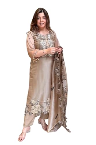 Image of Women's Embroidered Kurta Pant Dupatta Set, Organza Fabric Ethnic Suit, Straight Kurta with Cut Work Design, Festive Traditional Outfit for Women (Beige)