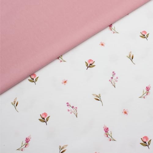 VmG-Store Juego de tela de jersey, diseño a juego + Uni de 0,5 m x 1,5 m, 95 % algodón, 5 % elastano, Tex Standard 100 (flores y rosas)