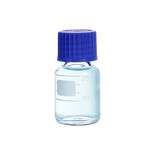 Pastein 10 Pieces 25 mL Graduated Round Reagent Media/Storage Glass Bottle With GL25 Blue Polypropylene Screw Cap