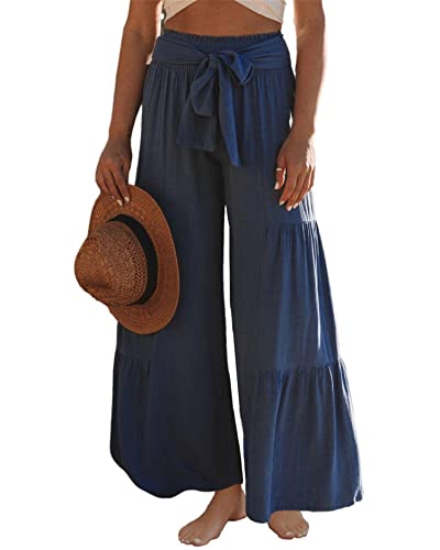 Women Wide Leg Palazzo Lounge Pants Summer Casual Boho Tie Waist Pants Loose Hippie Beach Flowy Pants with Belt
