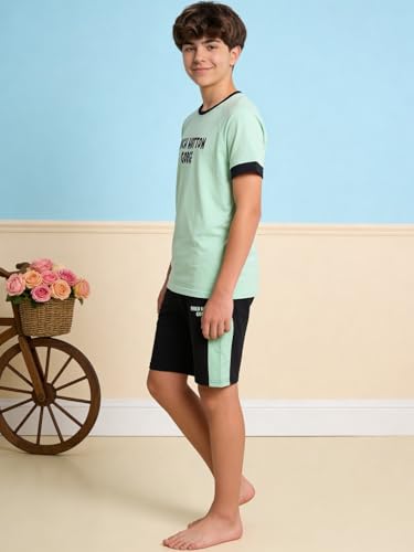 Image of Li'l Tomatoes Boys 100% Cotton Night Suit Set | Half Sleeve T-Shirt & Shorts | Color Block & Typography Print | Soft & Breathable Sleepwear | Casual Summer Wear | 9-16 Years