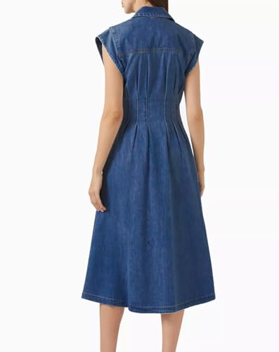 Women's Summer Denim Shirt Dress Lapel V Neck Cap Sleeve Jean Dress Button Down A-Line Long Dresses2