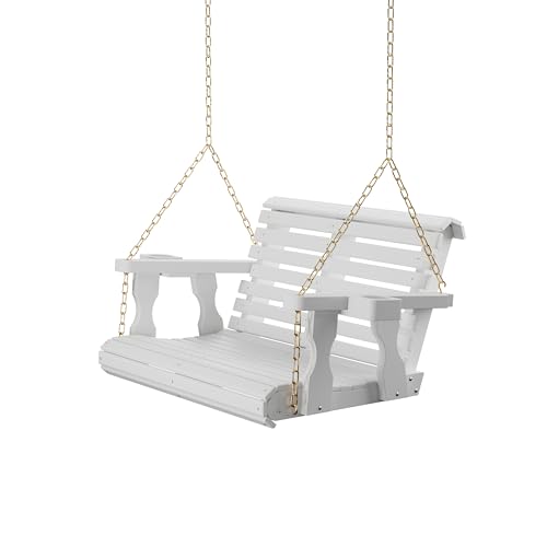 Image of Amish Casual Heavy Duty 700 Lb Capacity Porch Swing with Cup Holders (3 Foot, Semi-Solid White Stain) - Wooden Outdoor Roll Back Swing with Hanging Chains - Amish Made in the USA