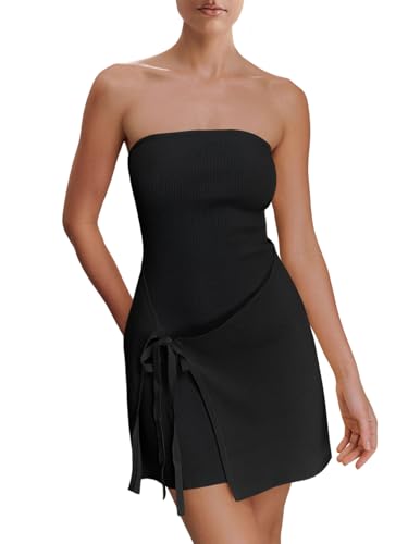 Image of Wenrine Womens Sexy Tube Top Dress Strapless Self Tie Wrap Asymmetrical Hem Knit Summer Party Mini Dresses