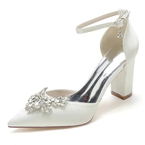 Rhinestone Wedding Shoes for Bride Block Heel Pointed Toe Bridal Shoes Women Pumps Chunky Heels