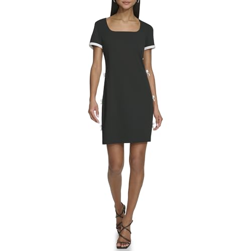 Image of Karl Lagerfeld Women's Short Sleeve Square Neck Bow Embellished Shift Mini Dress