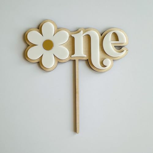 Image of Cake Topper for First Birthday | 6 Inch MDF Wooden Cake Decoration | Floral One Cake Topper for Baby Birthday Party Reusable Rustic Birthday Cake Accessory