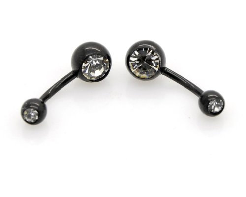 Double Gem Curved Belly Button Navel Ring Piercing Clear"Black" 2pcs