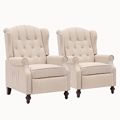 Wingback Chair, Tufted Accent Chairs For Living Room Bedroom, Upholstered Pushback Recliner Chair Reading Chair Sofa, Mid-Century Modern Club Armchair, Linen/Wooden Legs/Rivets (Beige Set Of 2) #TOP2