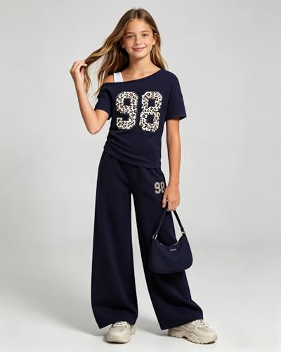 Image of Teen Girls Clothes Off the Shoulder Top and Wide Leg Pants Matching Outfit Set with Pockets Size 7-16