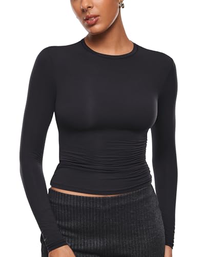 INLYRIC Women's Inbarely Ultra Long Sleeve Shirts Crew Neck Double Lined Slim Fitted Going Out Tops Basic Tees