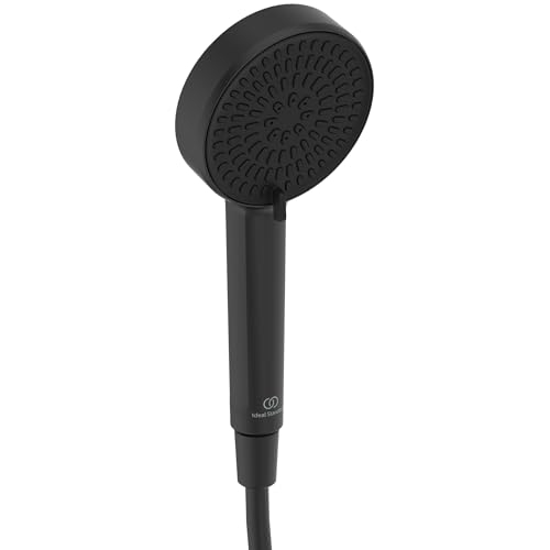 Ideal Standard - Alu+, Doccetta a mano per doccia anticalcare in alluminio a due funzioni con diametro 10cm, Telefono doccia con portata 8l/min, Nero Seta