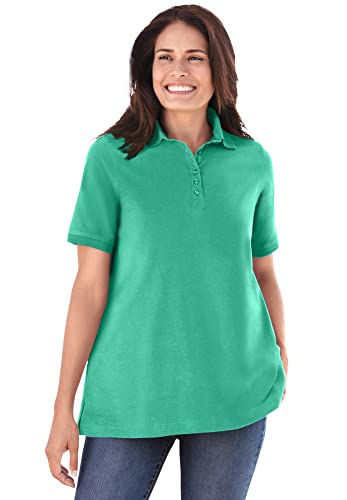 Woman Within Women's Plus Size Perfect Short-Sleeve Polo Shirt - 5X, Pretty Jade Green #TOP8