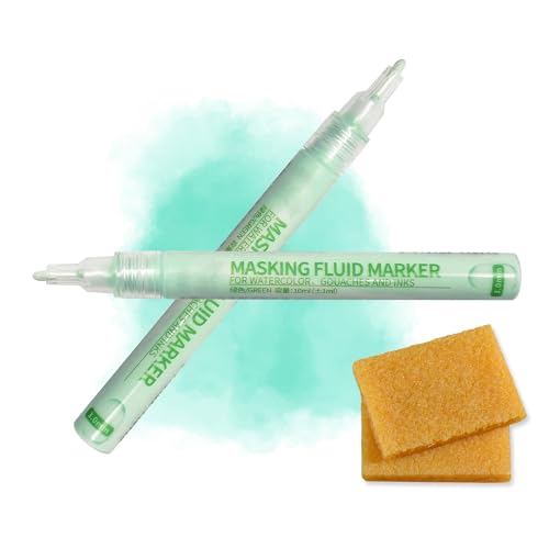 2 Pcs Green Masking Fluid Pens for Watercolor Painting 0.7mm 3.0mm Applicator Tip Markers Set with 2 Cleaning Erasers Art Masking Fluid Pen Watercolor Medium Art Supplies for Artists (Green 3mm)