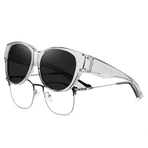 HAOLOTA Fit Over Glasses Sunglasses for Women Polarized, Trendy Cat Eye Sunglasses Wear Over Glasses, UV Protection L Size A08 Transparent Grey/Grey