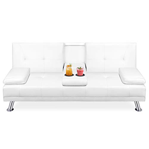 Walsunny Modern Faux Leather Couch, Convertible Futon Sofa Bed for Living Room with Armrest & Fold Up & Down Recliner Couch with Cup Holders (White)