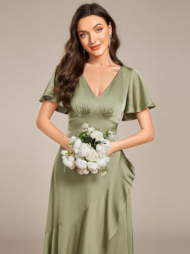 Image of Ever-Pretty Women's V Neck Satin Short Sleeves Ruffle Hi-Lo Midi Bridesmaid Dress 02336