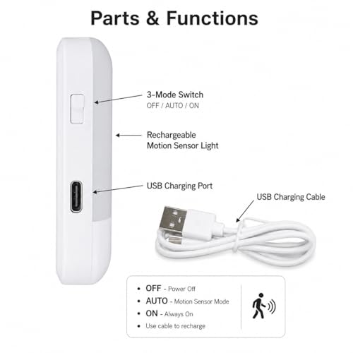 Image of One94Store Rechargeable Motion Sensor Light (Pack of 2), Warm White LED Night Lamp with Auto On /Off, 600mAh Battery, USB Charging Light for Bedroom, Wardrobe, Stairs & Cabinet