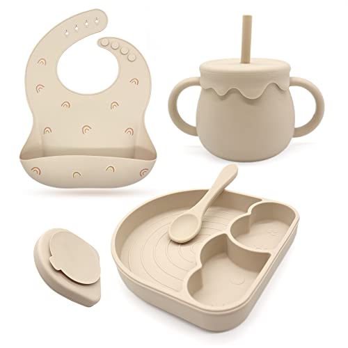 Image of Santi & Me Baby Feeding Set Divided Plate with Suction, Adjustable Silicone Bib, Toddler Training Sippy Cup with Straw, Led Weaning Spoon, Rainbow Dishes and Utensils (Beige)