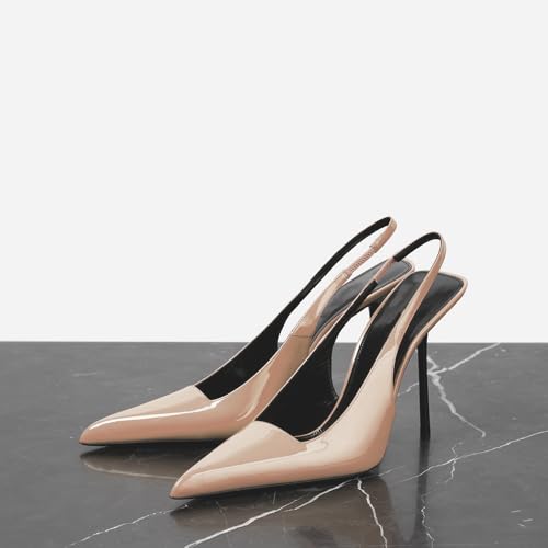 Image of THESHY Women's Pointed Toe High Stiletto Heels Slingback Stretch Slip-on Pumps Backless Patent Leather Fashion Dress Shoes for Women