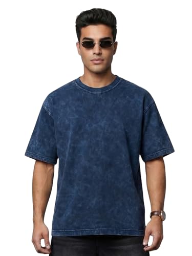 Image of Veirdo Heavy GSM Pure Cotton Acid Wash Print Round Neck Half Sleeve Oversized Fit Drop Shoulder T-Shirt for Men (Colors: Black, Navy, Green & Brown)