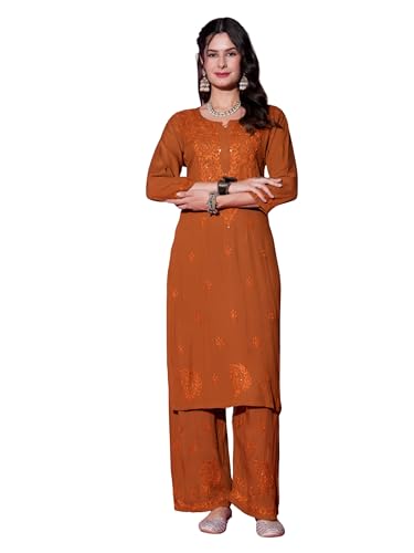 Image of Fashion Chikan Art Women's Lucknowi Premium Chanderi Silk Hand-Embroidered Chikankari Kurti & Palazzo Set | Elegant Festive & Casual Wear Ethnic Suit