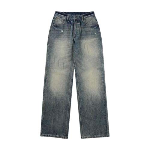 Men Vintage Jeans with Pockets Straight Trousers Distress Streetwear Wide-Leg Denim Pants