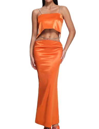 BELLA BARNETT Satin Set Orange Two-Piece Set Stylish Set Outfits Satin Set