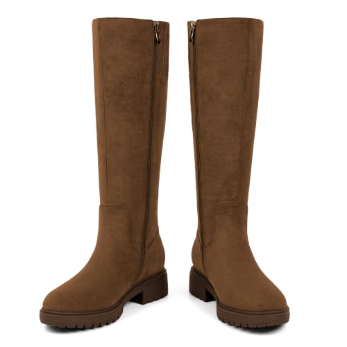 Image of VIUGJNEX Knee High Boots Women Low Heel Flat Chunky Fall Tall Riding Boots