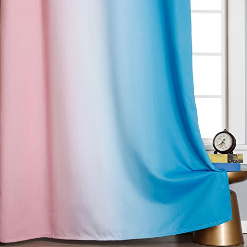 Estelar Textiler Pink and Blue Curtains 63 Inch Length 2 Panels, Ombre Total Blackout Curtains for Bedroom, Grommet Thermal Insulated Gradient Blackout Drapes for Kids Room, 52x63 Inch